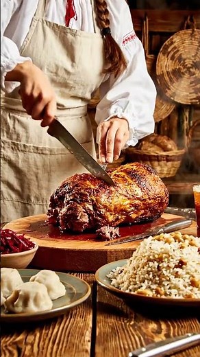 Lithuanian Camel Roast 🍖✨ Village Feast with Cepelinai, Rye Bread & Gira | ASMR Food