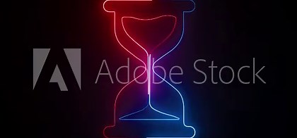 Red and Blue Neon Hourglass Icon Representing Time, Countdown, Deadline, Patience, Waiting and Balance, on a black background.