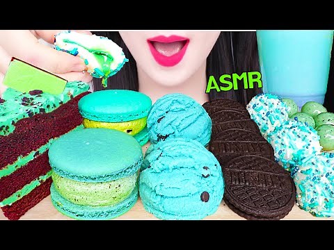 ASMR BLUE FOODS *BLUE LATTE, MINT CHOCOLATE CAKE, ICE CREAM SCOOP COOKIE 민트 초코 먹방 JANE ASMR 제인