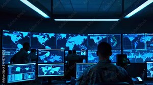 A soldier sits in front of a computer monitor with a world map displayed, in a dark room with blue lighting.