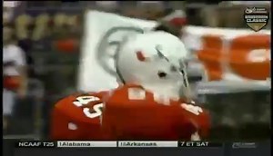 October 3, 1992: University of Miami linebacker Micheal Barrow delivers a huge hit on Florida State receiver Tamarick Vanover. It was the most memorable collision in a game filled with hard hits won by the Hurricanes 19-16. ABC's Keith Jackson and Bob Griese call the action. Special thanks to Alex Carter for sending the clip. | Ghosts of the Orange Bowl