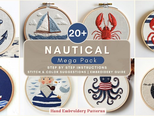 Nautical Hand Embroidery Pattern Bundle for Beginners Sea Life Template Ocean Theme Step by Step Easy Coastal Design Marine Animal Pattern - Etsy