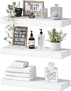 QEEIG Floating Shelves for Wall Bathroom Shelf Bedroom Kitchen Living Room Hanging Book Shelves Small Farmhouse Decor 16 inch Set of 3, White (015-W3)