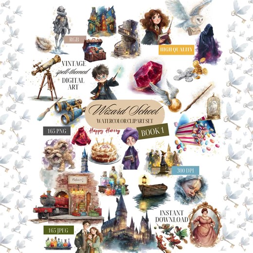 Wizard School Watercolor Clipart: Magic Books, Potions (PNG & JPEG) - Etsy