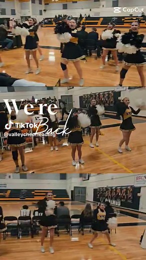 We're baaaack!! Video montage of the Valley Cheer Team performing sideline cheers and stunts during a basketball game in the Valley High School gymnasium, featuring coordinated motions, lifts, and crowd engagement in school colors. #Vikings #cheer #fyp #xyzbca #basketball🏀
