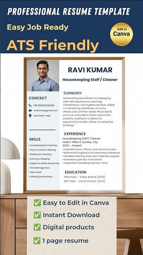 Housekeeping Resume Template | Cleaner CV | Editable in Canva | Instant Download #resume #reels