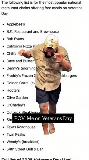 Veterans on their 2025 free meal route. 🍔📝 Save this! 🇺🇸 Veterans Day is Tuesday, November 11th, and we’ve confirmed the top free meal deals! Tag a veteran who needs to plot their route NOW. 👇 🏆 Confirmed 2025 Free Meals: Applebee’s: FREE full-size entrée $5 Bounce Back Card. Red Robin: FREE Red’s Big Tavern Burger Bottomless Steak Fries. Olive Garden: FREE entrée from a special menu. Buffalo Wild Wings: FREE 10 Boneless Wings Fries. Bob Evans: FREE farm-fresh meal from a select menu. IHOP