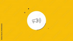 Loudspeaker icon in white circle on a yellow background. Seamless loop dynamic symbol rolling in the center
