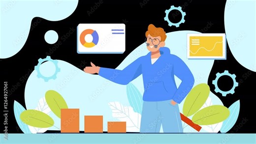 Flat animation illustrating a sales performance review, with characters discussing their achievements, reviewing reports, and planning strategies for further success, featuring charts and graphs.