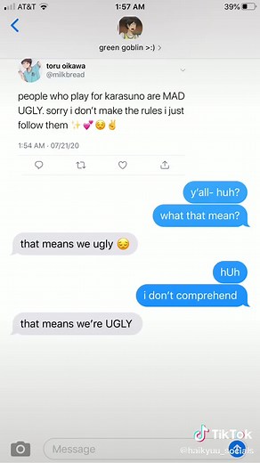 i have a headcannon that tsukki texts like this to yams only #greenscreen #haikyuu #haikyuumemes #haikyuutext #tsukkiyama #tsukkishima #yamaguchi #fyp