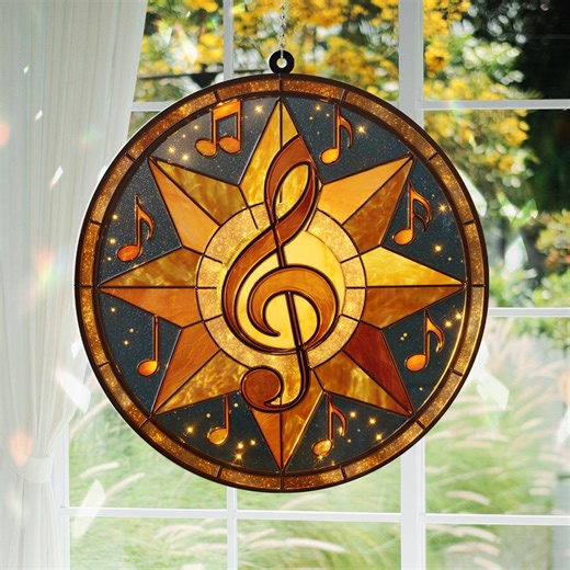 Treble Clef Stained Glass Suncatcher, Musical Note Star Window Hanging Art, Aesthetic Music Lover Gift, Golden Symphony Home Decor - Etsy