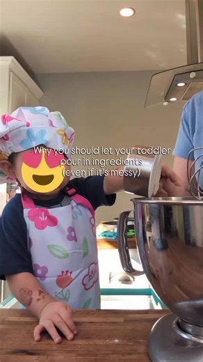 As a pediatric OT, I look at toddler cooking skills a little differently. Pouring ingredients isn't about helping me - it's about helping them. This is how skill development happens, through repetition not perfection. As skills grow, toddler chefs need less help and gain independence. To set them up for success ( limit the mess!): Start with hand over hand help, let them guide the movement when they are ready, and decrease help until they (and you!) are ready for them to try on their own. Rememb