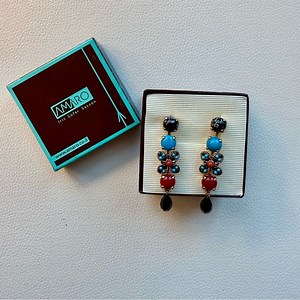 Vintage Amaro Earrings NWT Handcrafted Turquoise, Obsidian, Red Coral
