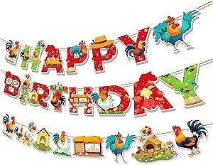 Chicken Happy Birthday Banner Hen Rooster Party Sign Decorations Rooster Party Banner for Farm Animals Chick Backyard Theme Baby Shower Decoration