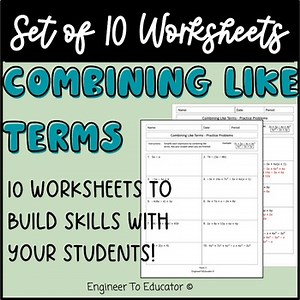Combining Like Terms Set of 10 Worksheets With Answer Key Algebra Expressions