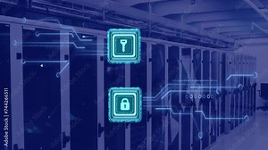 Animation of digital data processing, padlock and key icons, circuit board and computer servers
