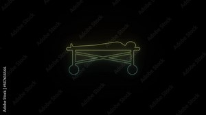 Glowing neon sick in bed icon on black background. patient on a portable bed to transport patients with wheels. 4K video animation for motion graphics and compositing.