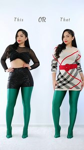 Two ways to wear green leggings: one soft and romantic with a beige dress, the other bold with a black top and sequins. Are you team delicate or team powerful? Dos formas de llevar leggings: uno suave y romántico con vestido beige, otro atrevido con top negro y lentejuelas. ¿Team delicada o team poderosa? #EstiloEnVerde #LeggingsVibes #GreenStyle #LeggingsVibes | Nadia CriSs