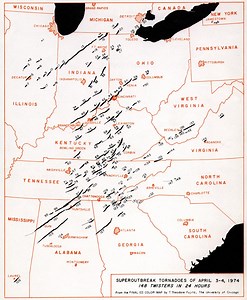 The 1974 “Super Outbreak” of tornadoes killed 38 people in Middle Tennessee