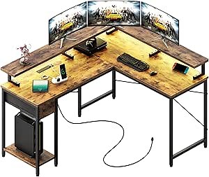 L Shaped Computer Desk with LED Lights & Power Outlets, Reversible Gaming Desk with Monitor Stand, Sturdy L Shaped Desk with Drawers Home Office Corner Desk with CPU Stand, Easy Assembly, Rustic Brown