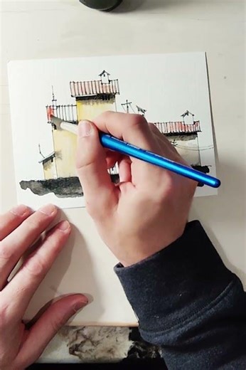 Mill sketch with ink and watercolor part 2 #watercolorpaper #howtomakeillustration #watercolor