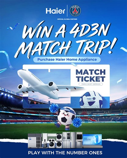 🔴🔵Your chance to win a 4-day 3-night PSG match trip is still on! ✈️Don’t forget to join our event! Between May 25 and June 10, buy a new Haier appliance, complete all tasks, and you could stand a chance to win the 4-day 3-night PSG match trip! 👀Head to our rules post for full details and join today! #Haier #PSG #OfficialPartner #Football #PlayWithTheNumberOnes