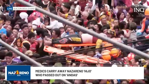 Medics carried away a Nazareno ‘hijo’ who passed out at around 3:00 p.m. as he was perched on the carriage carrying the image. •⁠ Watch the Traslacion live stream here: https://inqnews.net/Traslacion2026part2 •⁠ ⁠Follow live updates here: https://inqnews.net/Nazareno2026 | INQUIRER.net