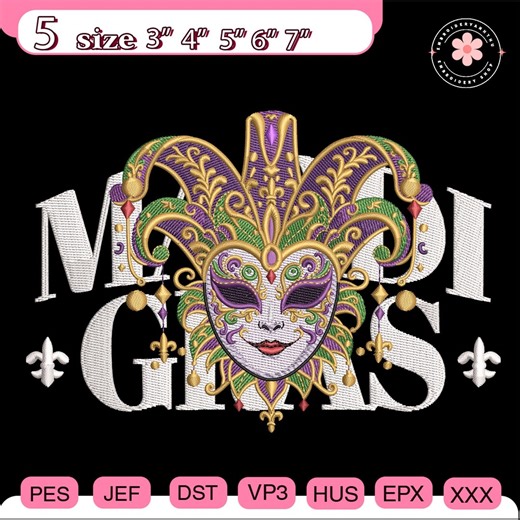 Mardi Gras Jester Mask Embroidery File, Traditional Masquerade Carnival Embroidery Design, Ornate Purple Gold Mask Pattern, Carnival Gift - Etsy