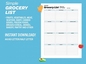 Simple Grocery list planner, tracker printable. Plan your daily, weekly or monthly grocery shopping. A4/A5/Letter/Half Size Instant Download