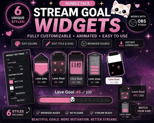 Stream Goal Widget Bundle Full Customizable for OBS, Twitch/kick Streamer Overlay Sub Tracker - Etsy