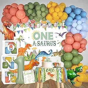 YJDFWAUT One a Saurus Birthday Decorations, Dinosaur 1st Birthday Party Supplies, Dinosaur First Bday Balloon Garland Balloon Box Highchair Banner Photo Banner Backdrop