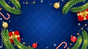 Animation Christmas blue background with Christmas branch, balls, snowflakes, for greeting banner, social media, feed, stories, sale. Seamless background