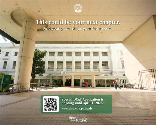 The Lasallian Community is ready to welcome you! 💚 The Special DCAT Application is ongoing until April 4, 2026. Testing Dates: • Onsite (Manila Campus): April 19, 2026 (Sunday) • Online: April 25, May 2, and May 9, 2026 (Saturdays) Online sessions are offered in the mornings only and are subject to limited availability. Open to both local and international applicants. Apply through the Archers Hub: www.dlsu.edu.ph/apply. #HereForTheFuture | De La Salle University