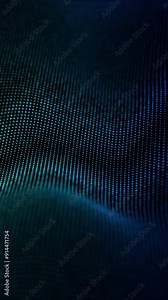 Abstract Vertical blue wave form animated loop with blue light digital effect on black background. Network communication wave signal technology futuristic concept.