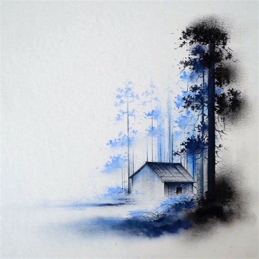 Drawing a beautiful forest scenery using only blue and black color | Morning Drizzle