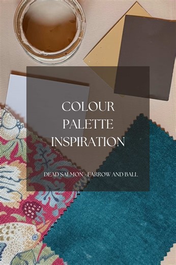 Dead Salmon by @Farrow & Ball brings warmth without heaviness, shifting between pink, clay and soft terracotta as the light changes. It gives colour without the room feeling styled or themed. Paired with Dove by Dulux for calm contrast, then layered with Strawberry Thief in Harissa Red for pattern and Alva Peacock for a muted teal lift. Finished with antique brass and a touch of aubergine, the palette feels warm, considered and quietly confident. #farrowandball #dulux #colourpalette #darkacademi