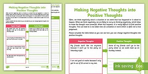 Making Negative Thoughts into Positive Thoughts Worksheet