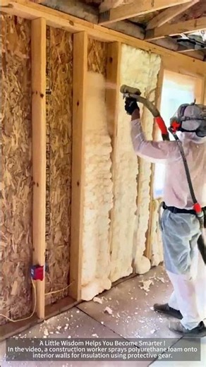 The process of spraying polyurethane on the interior wall for insulation