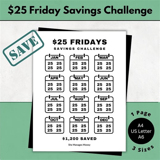 2026 Friday Savings Challenge Printable | Save 25 Dollars Weekly Each Friday | Save 1200 Dollars 52 Weeks | TGIF Savings Tracker PDF - Etsy