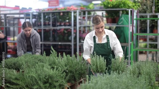 In store, gardening female worker inspects young rosemary spicy herb plants after treatment with antifungal drugs, rearrange swap pallet with seedling. Wholesale supplies from direct manufacturer