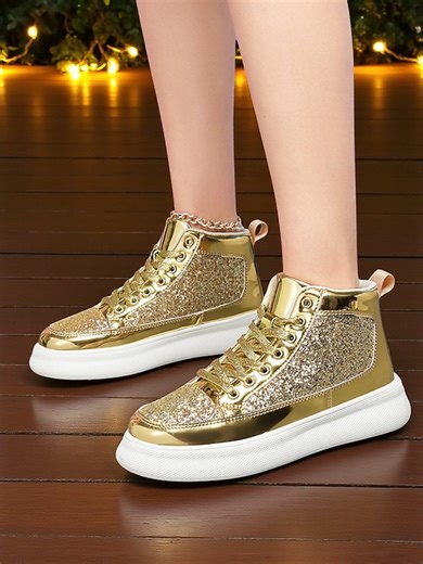Women's Gold Glitter High Top Sneakers, Shiny Metallic Lace-Up Casual Shoes for Nightlife Party and Club Fashion 2025 - $42.99