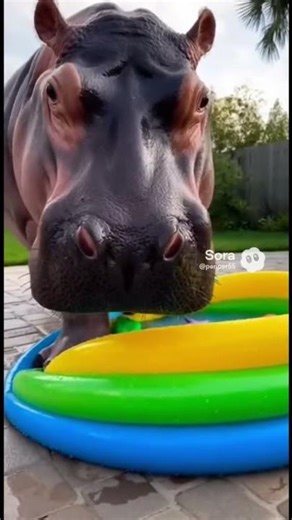 A hippo trying to fit into a tiny inflatable pool #funny