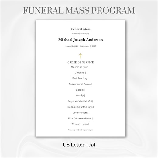 Simplified Catholic Funeral Mass Program Template Editable in Canva Printable Order of Service Single Page Instant Download - Etsy Australia