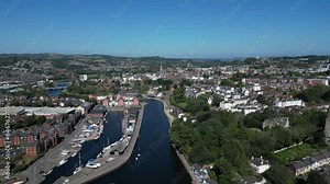 Exeter, South Devon, England: DRONE VIEWS: The River Exe (centre); Exeter Ship Canal (left), Exeter Quays and the Exeter skyline. Exeter is a popular UK tourist destination.