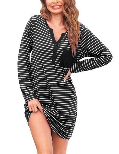 Ekouaer Women's Nightshirt Long Sleeve Button Down Nightgown V-Neck Sleepwear Pajama Dress