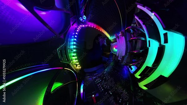 A man reaches inside a gaming PC, searching for a problem, captured with a super wide-angle view that creates a "Tiny Planet" effect. The scene highlights the vibrant RGB lighting, cooling fans, and h