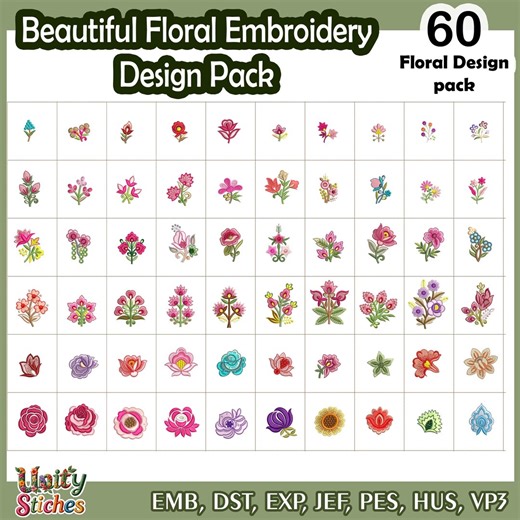 60 Floral Embroidery Designs Bundle | Mini Flower Machine Embroidery File Pack | Instant Download - Etsy
