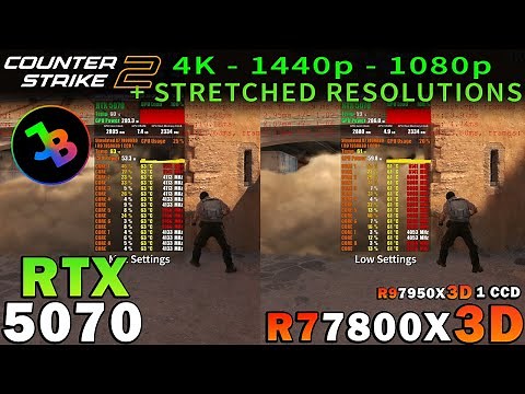 Counter-Strike 2 | RTX 5070 | Sim. R7 7800X3D | 4K 1440p 1080p - Stretched | Max & Low Settings