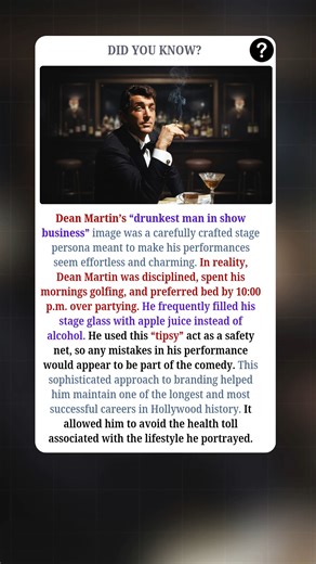 Dean Martin Wasn’t Drunk—It Was All an Act:- To 1960s audiences, Dean Martin was the effortless “King of Cool,” crooning with a cigarette in one hand and a glass of scotch in the other, his half-slurred jokes suggesting he’d just drifted in from an all-night party. But the truth was far more calculated. While Rat Pack friends like Frank Sinatra and Sammy Davis Jr. embraced the high-octane nightlife, Martin often went to bed early and spent his mornings on the golf course. The “scotch” onstage wa