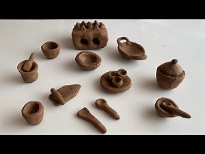Primitive technique make handmade kitchen set with clay||miniature clay cookware set MUD ART